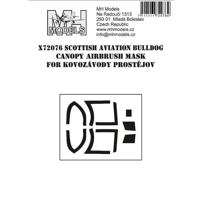 1/72 Scottish Aviation Bulldog canopy airbrush mask for Kovozavody Prostejov