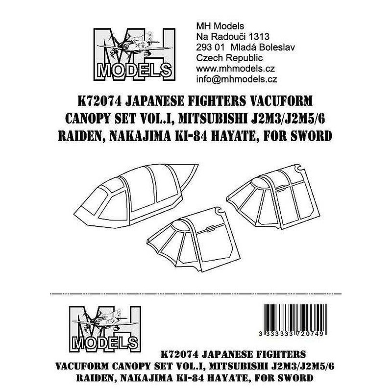 1/72 Japanese Fighters Vacuform Canopy Set, Pt.1 (Ki-84, J2M3/J2M5/6) for Sword