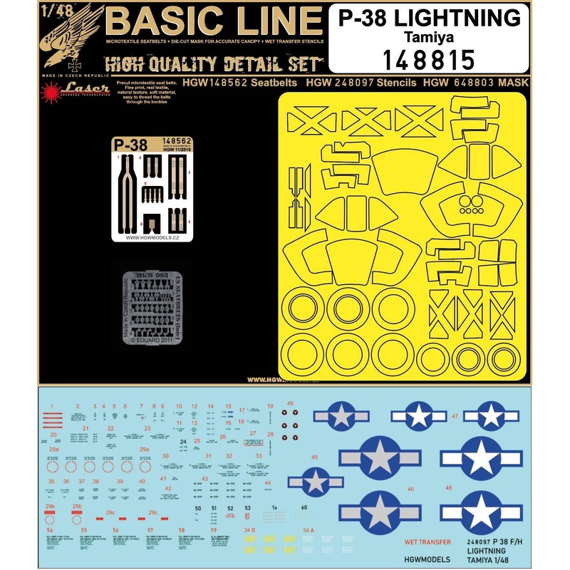 1/48 P-38 Lightning Stencils, Cloth Seatbelt & Canopy Mask (for Tamiya)