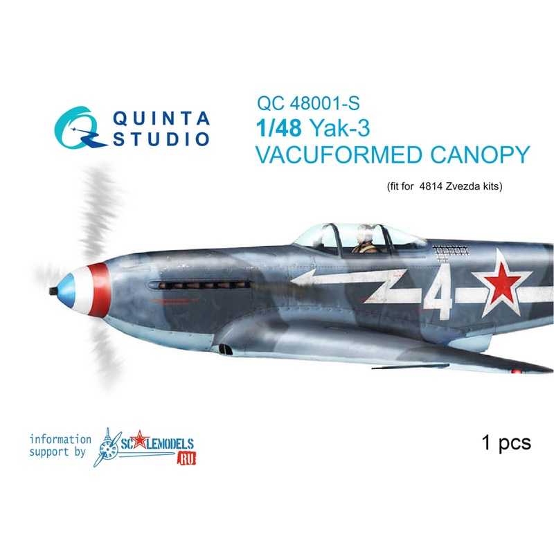 1/48 Yak-3 Vacuformed Clear Canopy, 1 pcs, (for 4814 Zvezda kit)