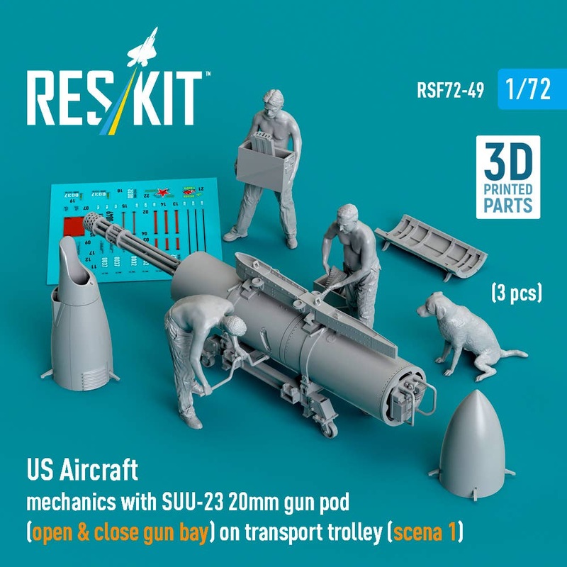 1/72 US Aircraft mechanics with SUU-23 20mm gun pod (open & close gun bay) on transport trolley (scene 1) (3 pcs)