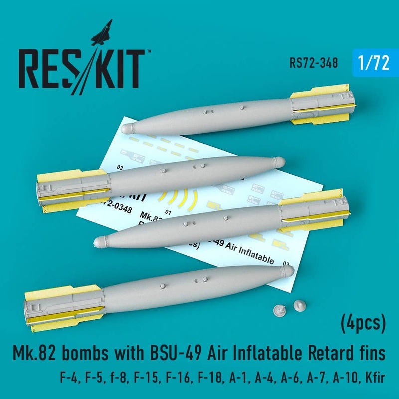 1/72 Mk.82 bombs with BSU-49 Air Inflatable Retard fins (4pcs) (F-4, F-5, F-8, F-15, F-16, F-18, A-1, A-4, A-6, A-7, A-10, Kfir) (for Academy, Hasegawa, Airfix, FineMolds, Fujimi, GWH, Italeri, Revell, Tamiya, Hobby 2000)