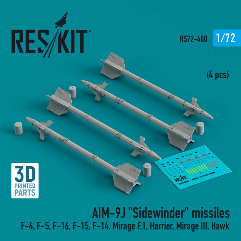 1/72 AIM-9J Sidewinder missiles (4 pcs) (F-4, F-5, F-16, F-15, F-14, Mirage F.1, Harrier, Mirage III, Hawk) (3D Printed)