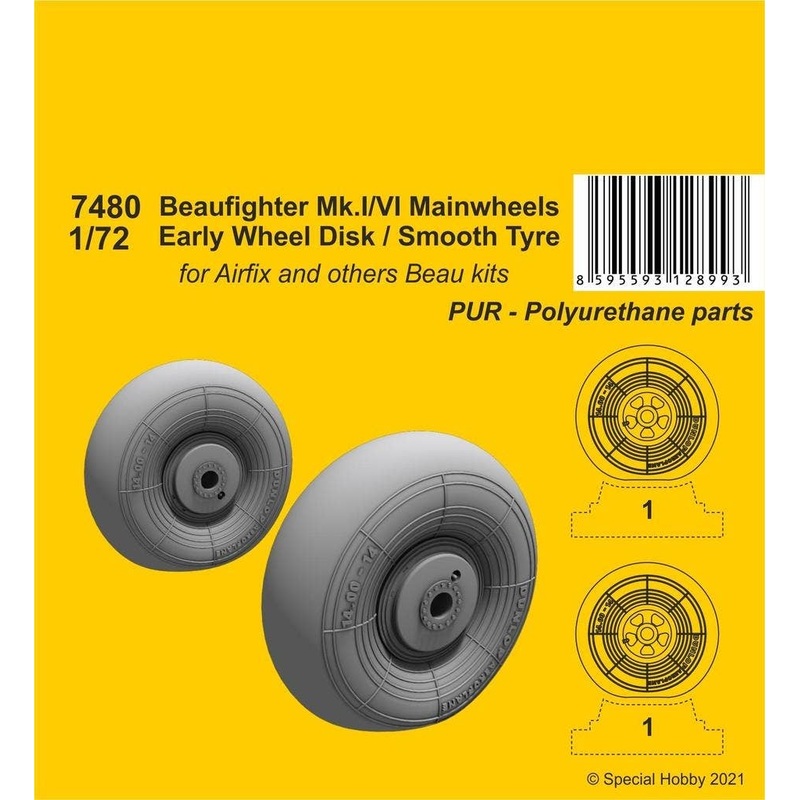 1/72 Beaufighter Mk.I/VI Main Wheels - Early Wheel Hub / Smooth Tire for General Purpose