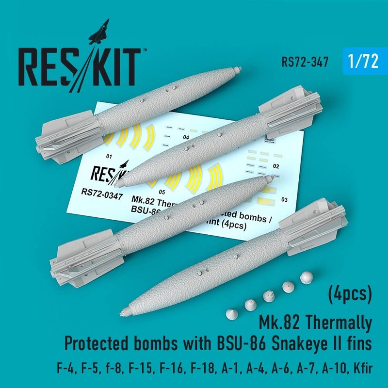 1/72 Mk.82 thermally protected bombs with BSU-86 Snakeye II fins (4pcs) (F-4, F-5, F-8, F-15, F-16, F-18, A-1, A-4, A-6, A-7, A-10, Kfir) (for Academy, Hasegawa, Airfix, FineMolds, Fujimi, GWH, Italeri, Revell, Tamiya, Hobby 2000)