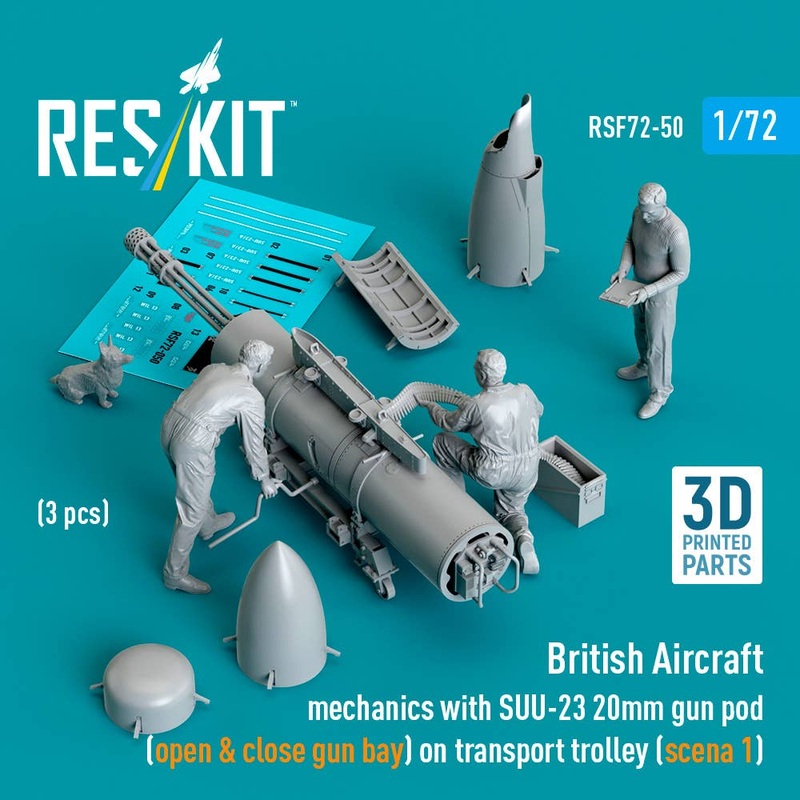 1/72 British Aircraft mechanics with SUU-23 20mm gun pod (open & close gun bay) on transport trolley (scene 1) (3 pcs)