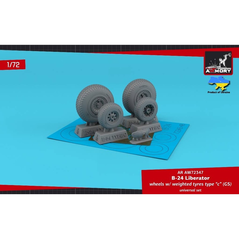 1/72 B-24 Liberator wheels w/ weighted tyres type c (GS), 2 types nose wheels, 3D-printed mudguard & PE hubcaps