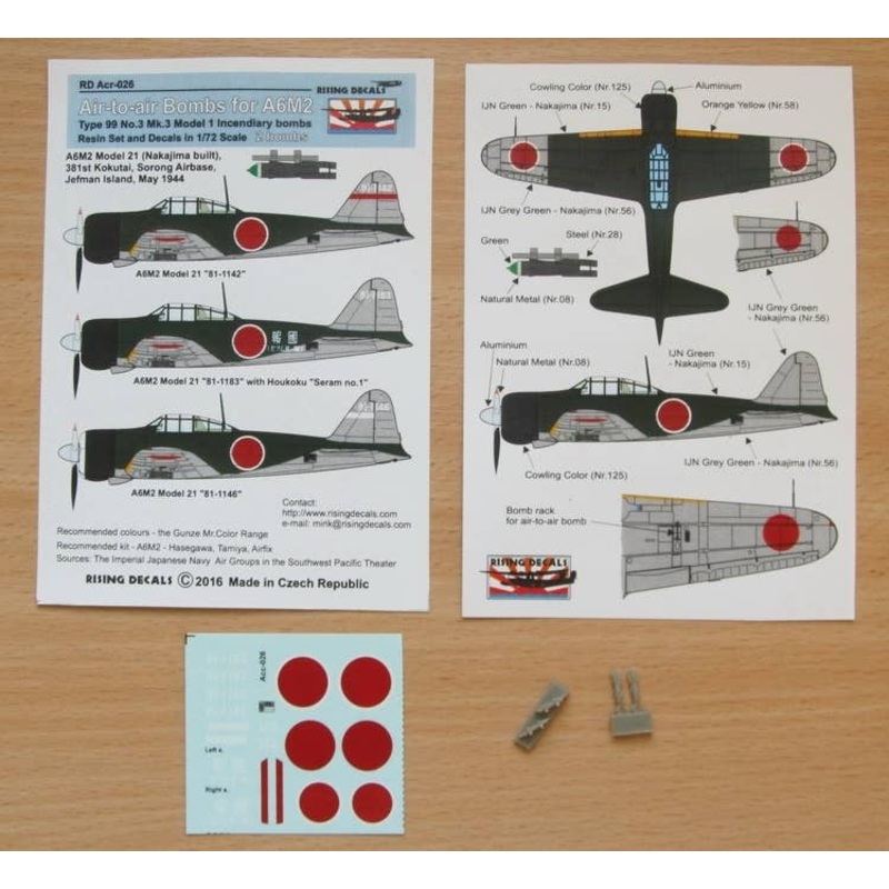 1/72 A6M2 Model 21 of 381st Kokutai Decals w/ 2 Resin Type 99 No.3 Mk.3 Incendiary Bombs