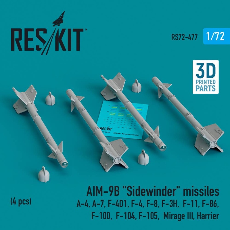 1/72 AIM-9B Sidewinder missiles (4 pcs) (A-4, A-7, F-4D1, F-4, F-8, F-3H,  F-11, F-86,F-100,  F-104, F-105,  Mirage III, Harrier) (3D Printed)