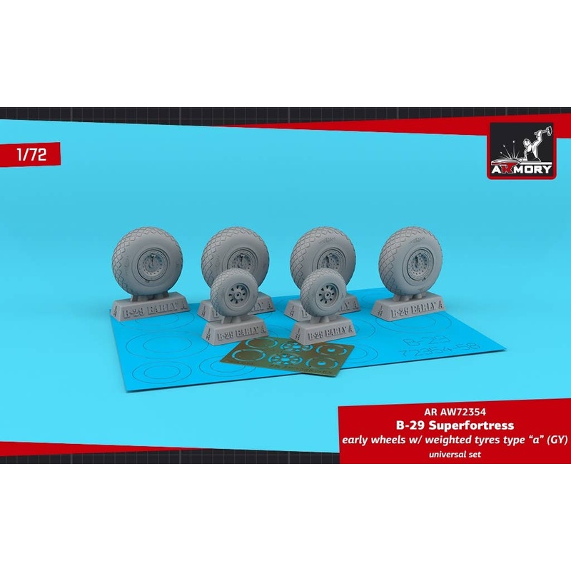 1/72 B-29 Superfortress early production wheels w/ weighted tyres type "a" (GY) & PE hubcaps (for ACA, AFX, DOY, GUN, MPC, TES)