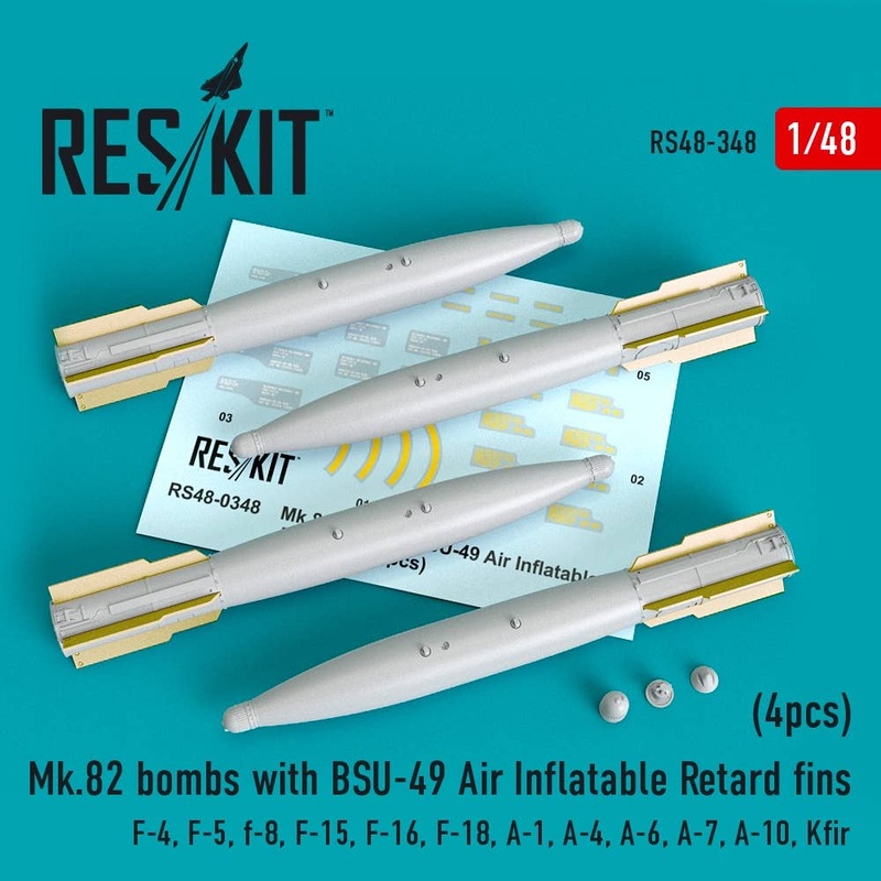 1/48 Mk.82 bombs with BSU-49 Air Inflatable Retard fins (4pcs) (F-4, F-5, F-8, F-15, F-16, F-18, A-1, A-4, A-6, A-7, A-10, Kfir) (for Academy, Eduard, Hasegawa, Fujimi, GWH, Italeri, Revell, Italeri, Kinetic)