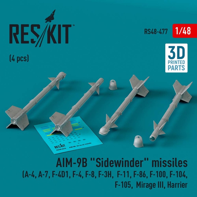 1/48 AIM-9B Sidewinder missiles (4 pcs) (A-4, A-7, F-4D1, F-4, F-8, F-3H,  F-11, F-86,F-100,  F-104, F-105,  Mirage III, Harrier) (3D Printed)