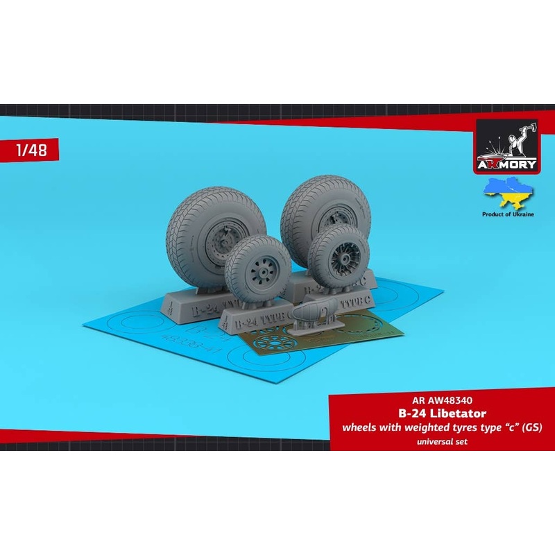 1/48 B-24 Liberator wheels w/ weighted tyres type c (GS), 2 types nose wheels, 3D-printed mudguard & PE hubcaps