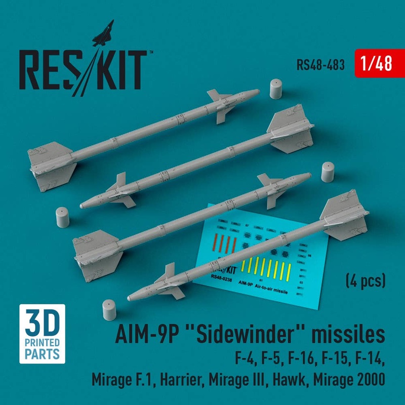1/48 AIM-9P Sidewinder missiles (4 pcs) (F-4, F-5, F-16, F-15, F-14, Mirage F.1, Harrier, Mirage III, Hawk, Mirage 2000) (3D Printed)
