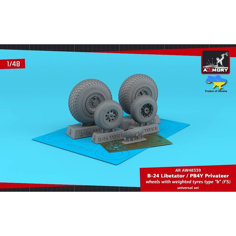 1/48 B-24 Liberator / PB4Y Privateer wheels w/ weighted tyres type b (FS), 2 types nose wheels, 3D-printed mudguard & PE hubcaps