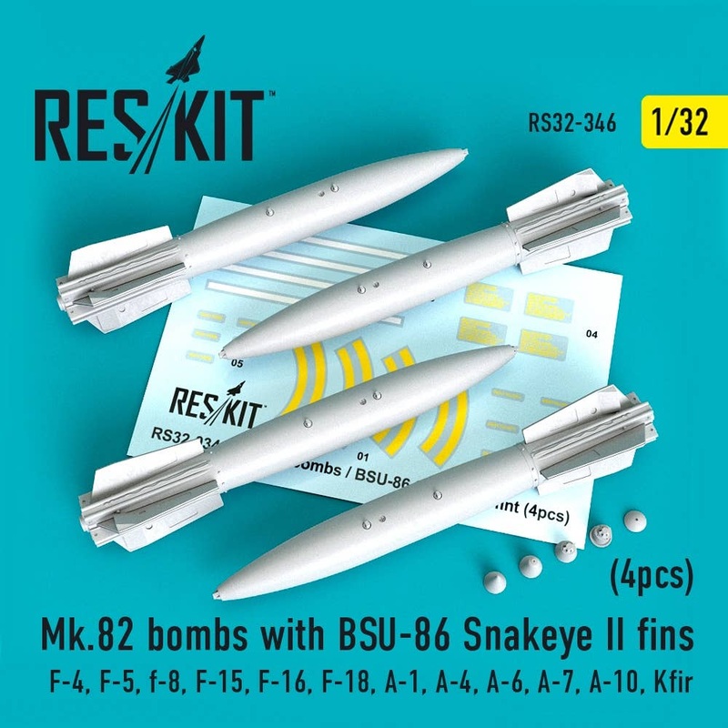 1/32 Mk.82 bombs with BSU-86 Snakeye II fins (4 pcs) (F-4, F-5, F-8, F-15, F-16, F-18, A-1, A-4, A-6, A-7, A-10, Kfir) (for Revell, Tamiya, Academy, KittyHawk, Hasegawa, Kinetic, Trumpeter)