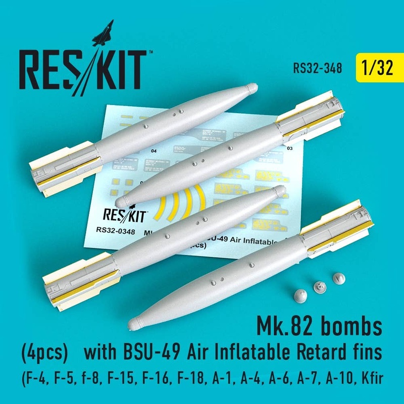 1/32 Mk.82 bombs with BSU-49 Air Inflatable Retard fins (4 pcs) (F-4, F-5, F-8, F-15, F-16, F-18, A-1, A-4, A-6, A-7, A-10, Kfir) (for Revell, Tamiya, Academy, KittyHawk, Hasegawa, Kinetic, Trumpeter)