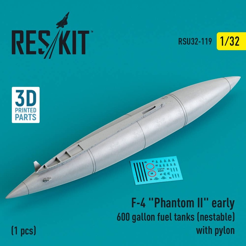 1/32 F-4 Phantom II early 600 gallon fuel tanks (nestable) with pylon (1 pcs) (3D Printed)