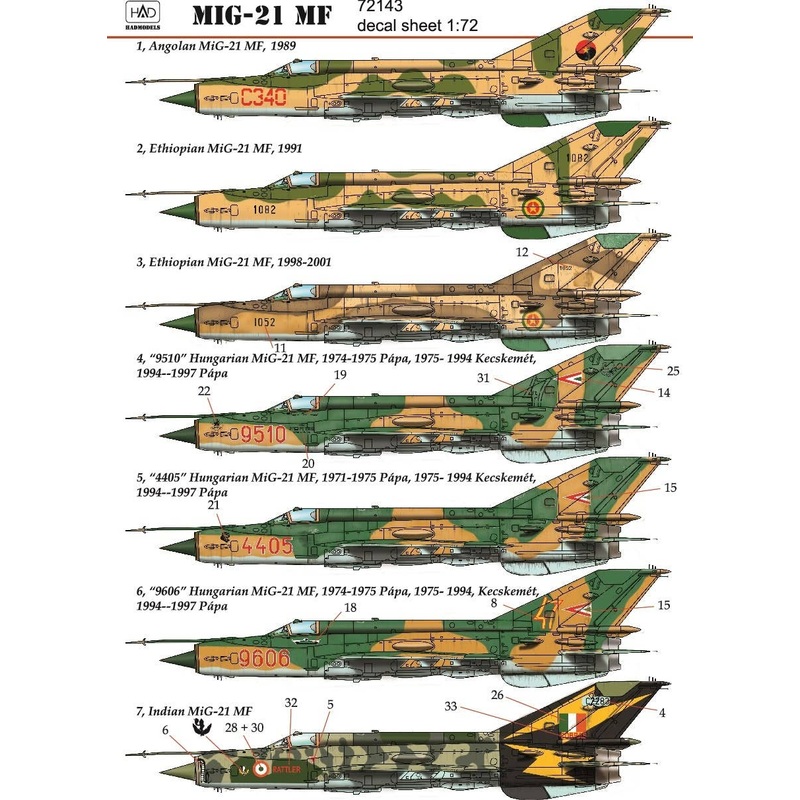 1/72 Mig-21MF (HUnAF4405, 9606, 9510, IndianC2283, AngolanC340, Ethiopian1082, 1052)