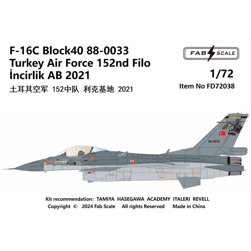 1/72 F-16C Block40 88-0033 Turkey Air Force 152nd Filo incirlik AB 2021