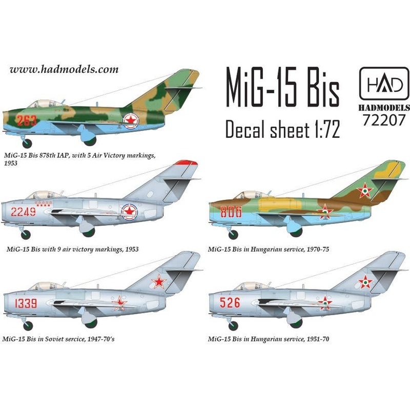 1/72 MiG-15 Bis (North Corea, Soviet, Hungarian) Decal Sheet