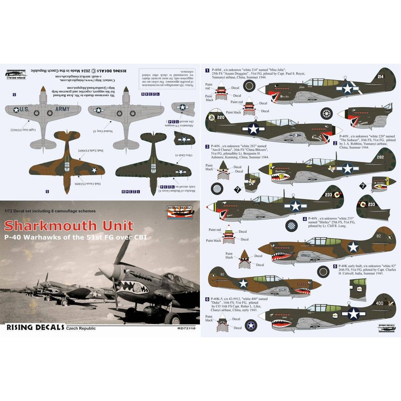 1/72 Sharkmouth Unit Camouflage schemes and decals for P-40s of the 51FG over CBI (decals for 6 a/c / 5 sets nat'l insignia)