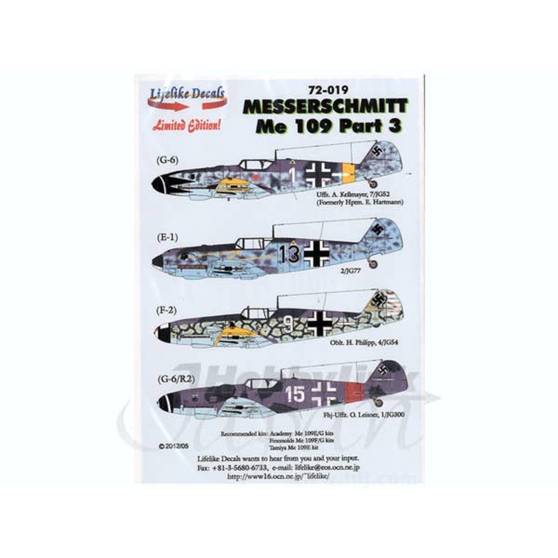 1/72 Messerschmitt Me 109 Part 3 Decals English (Academy/Fine Molds/Tamiya)