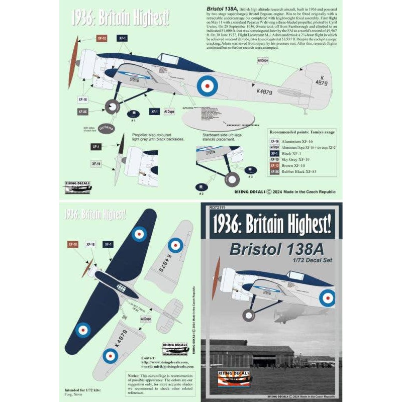 1/72 1936: Britain Highest Camouflage scheme and decal for high-altitude research aircraft Bristol 138A