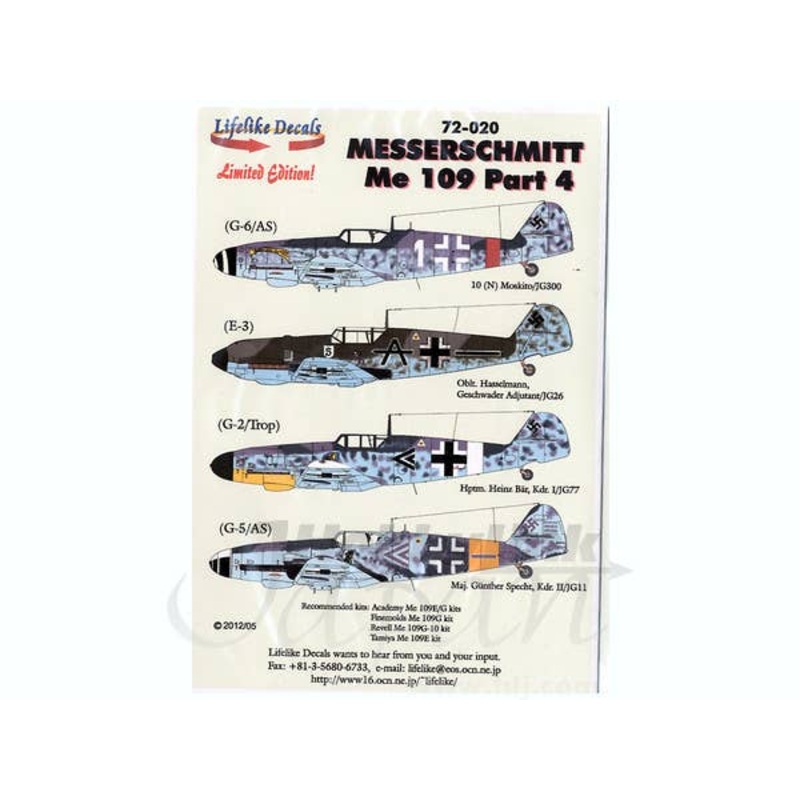 1/72 Messerschmitt Me 109 Part 4 Decals English (for Academy/Fine Molds/Revell/Tamiya)