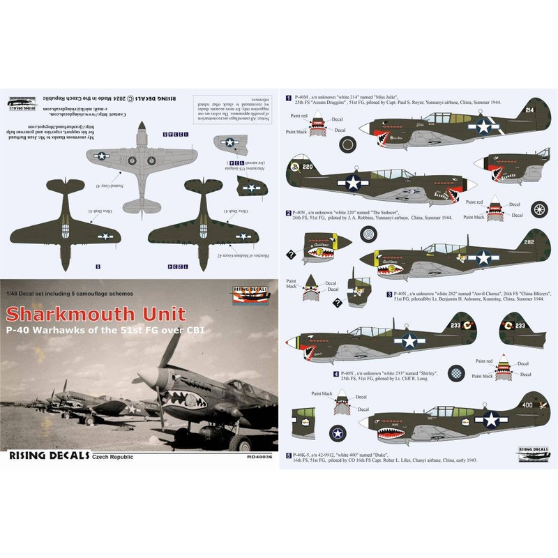 1/48 Sharkmouth Unit Camouflage schemes and decals for P-40s of the 51FG over CBI (decals for 5 a/c / 4 sets nat'l insignia)