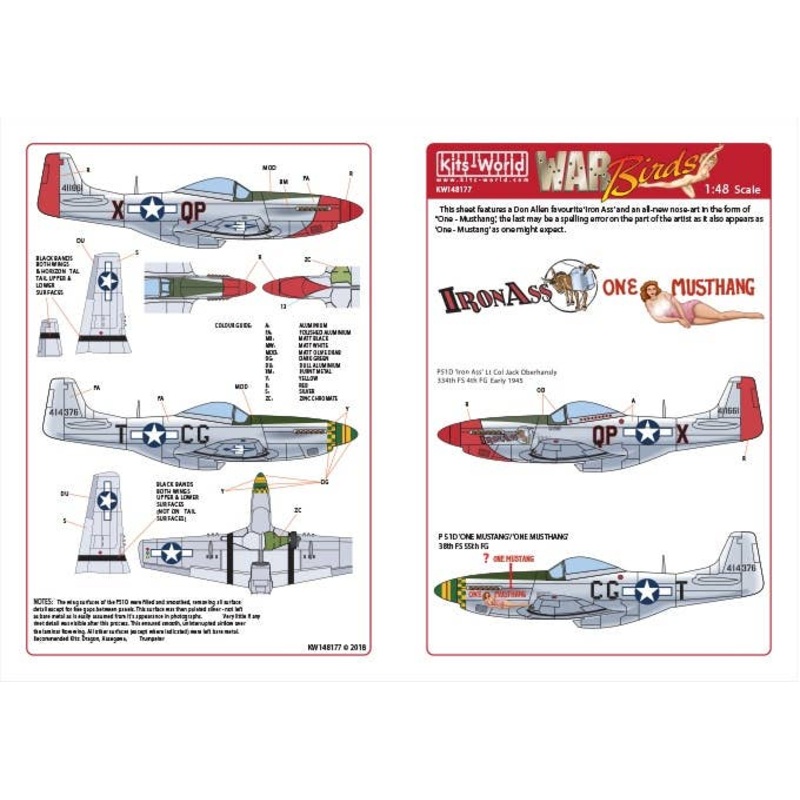 1/48 WW.II U.S. Forces P-51D Mustang 44-11661 QP-X "Iron Ass" & 44-14376 CG-T "One Mustang/One Musthang" Decal