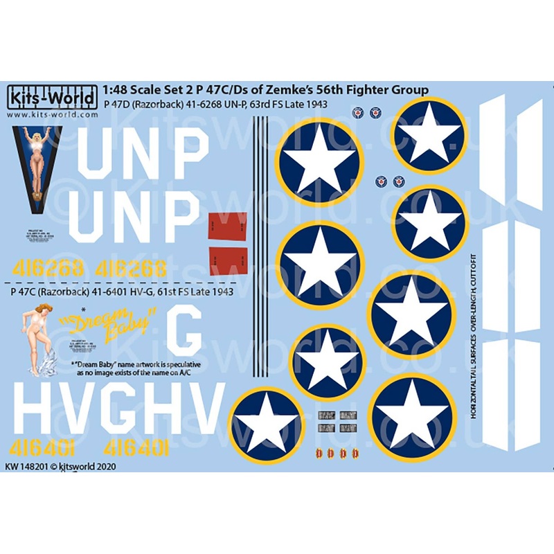 1/48 WW.II US Forces P-47D Thunderbolt Razorback 56th Fighter Group Decal Set 2