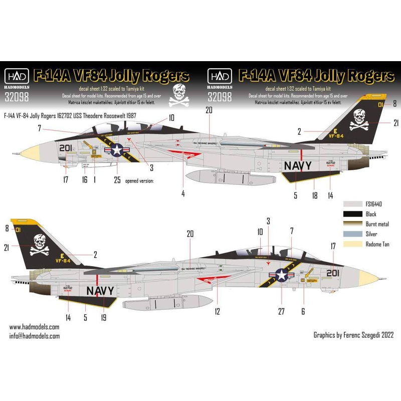 1/32 F-14A Jolly Rogers USS Theodore Roosevelt decal sheet for Tamiya