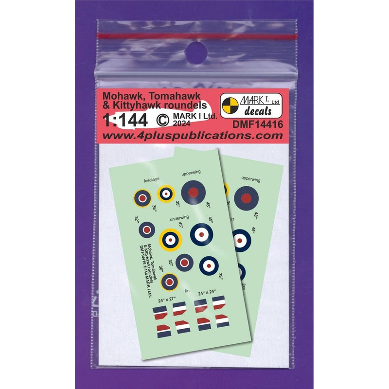 1/144 Mohawk, Tomahawk & Kittyhawk roundels & fin flashes, 2 sets
