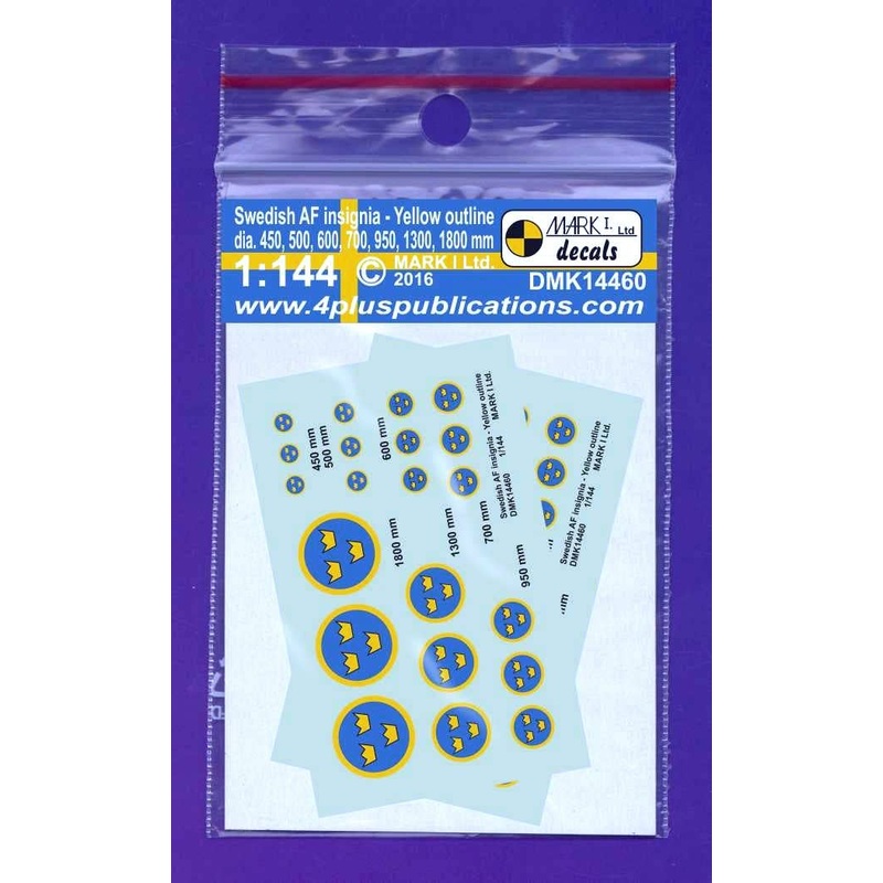 1/144 Swedish AF Insignia, Yellow Outline (Dia 450,500,600,700,950,1300,1800mm), 2 Sets