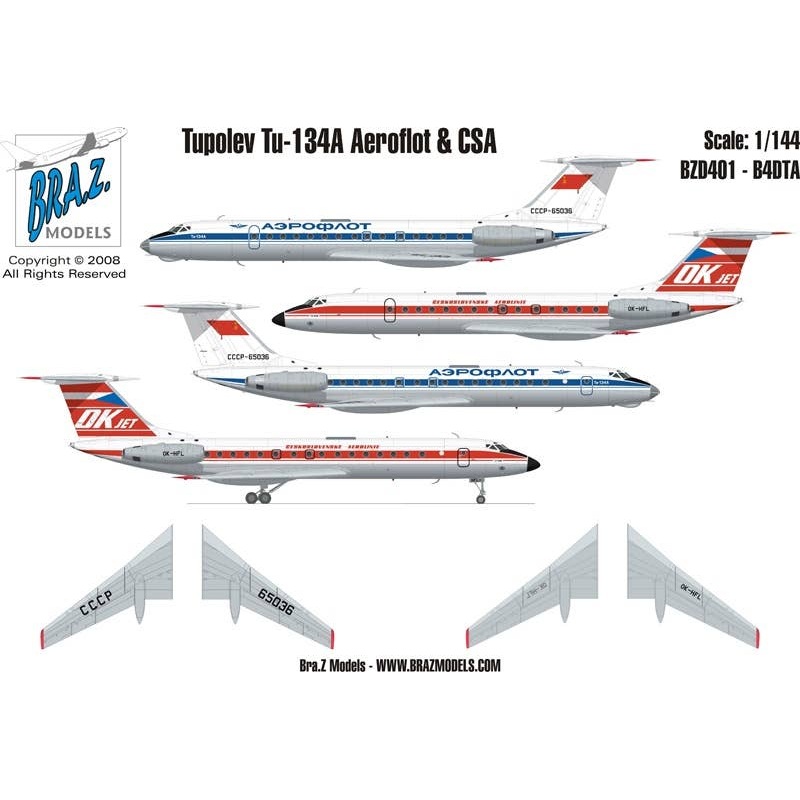 1/144 Tu-134 Aeroflot New Colors + Czech Airlines Old Colors Decal (Cartograf)